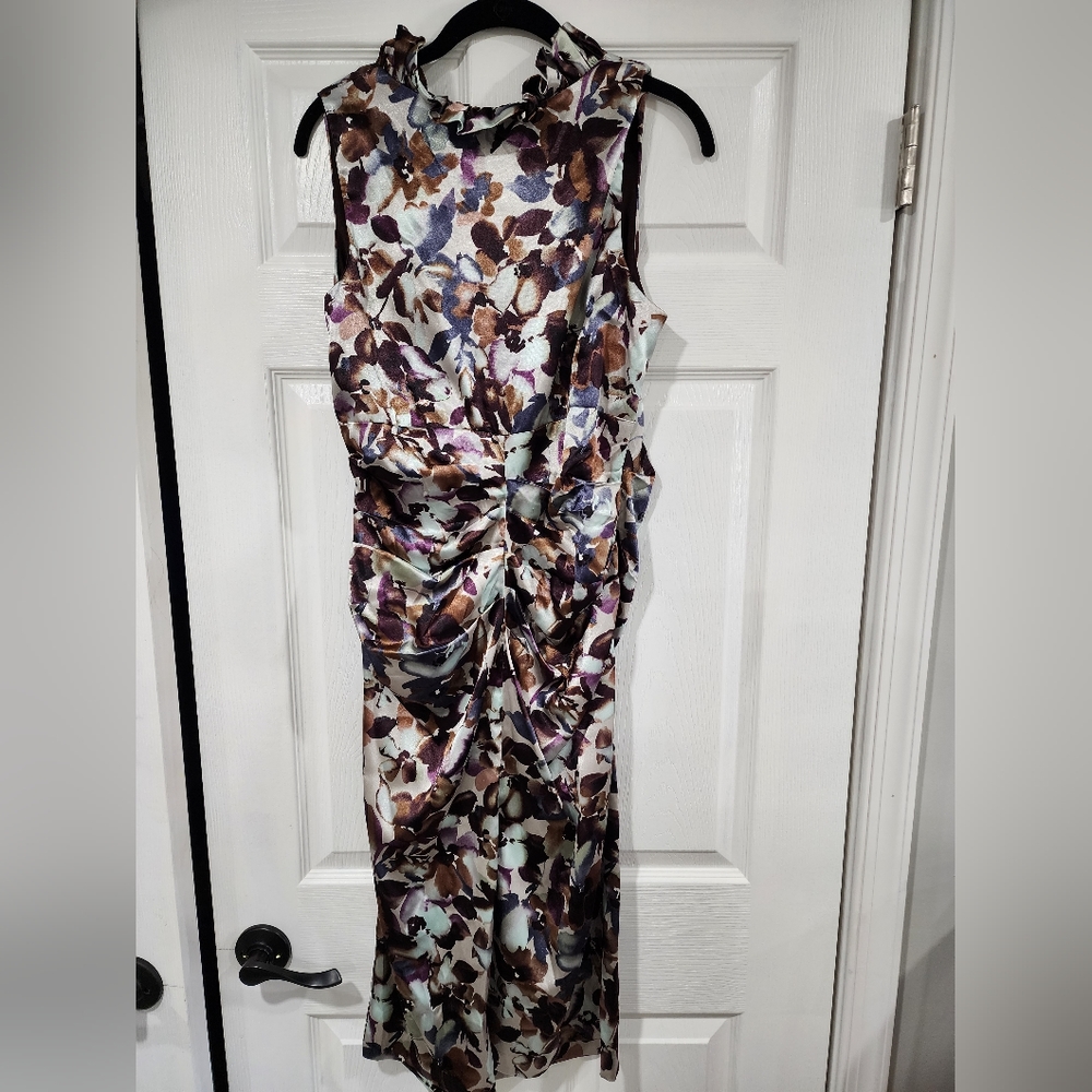 London Times Floral Midi Dress in Brown, Purple, Cream